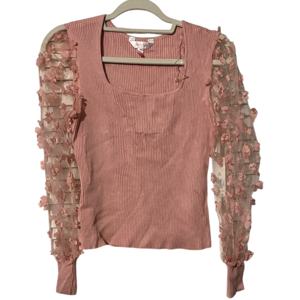 No Boundaries Pink Ribbed Top with Floral Sheer Sleeves